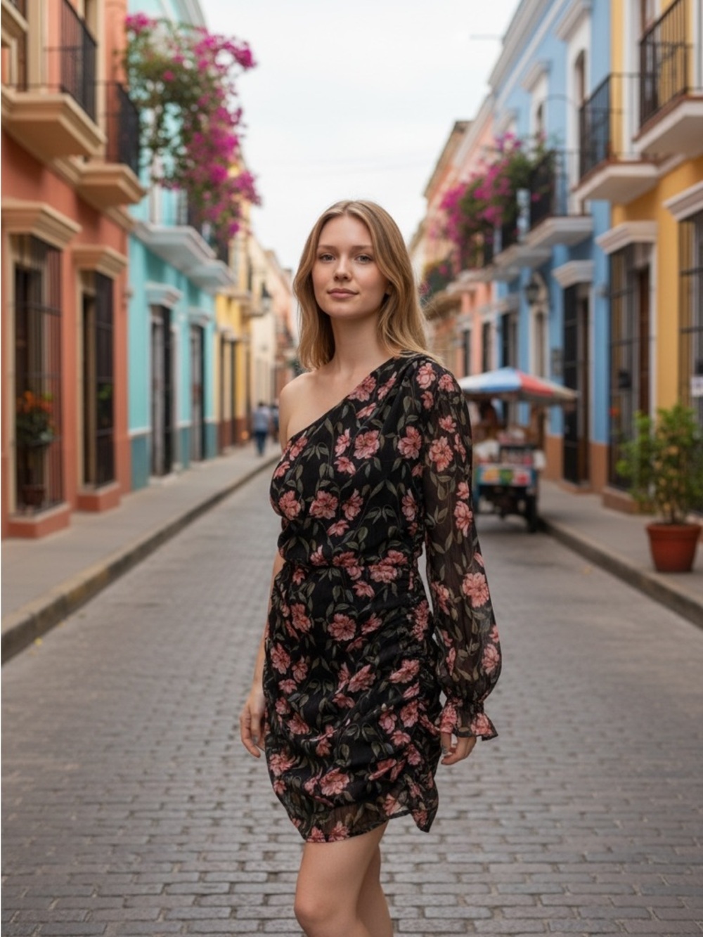 Lost + Wander Black One-Shoulder Dress with Pink Floral Print